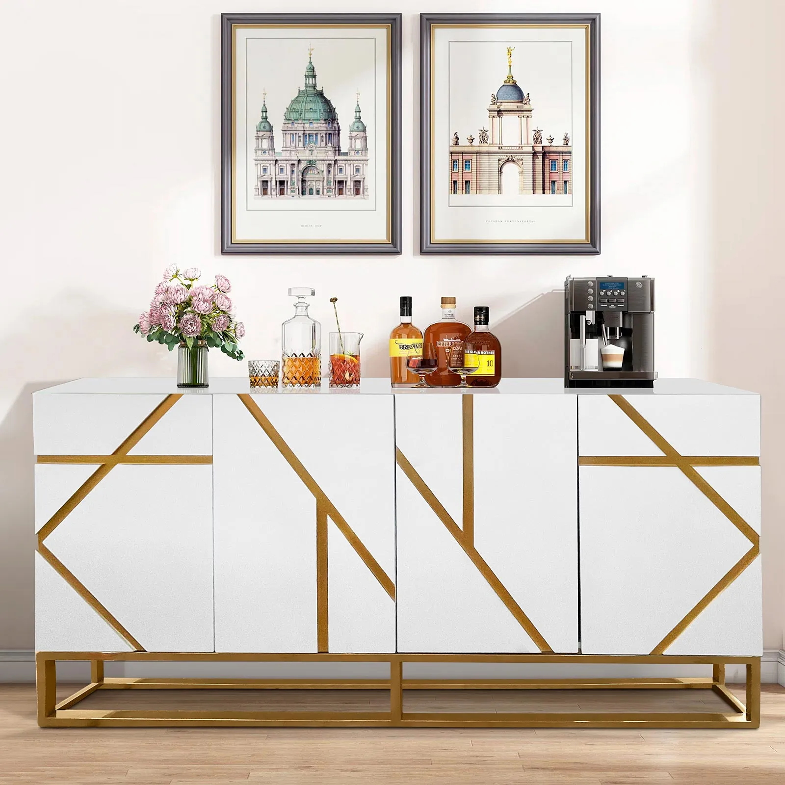 White Sideboard Buffet with Gold Geometric Accents - Glamorous Storage and Serving Solution