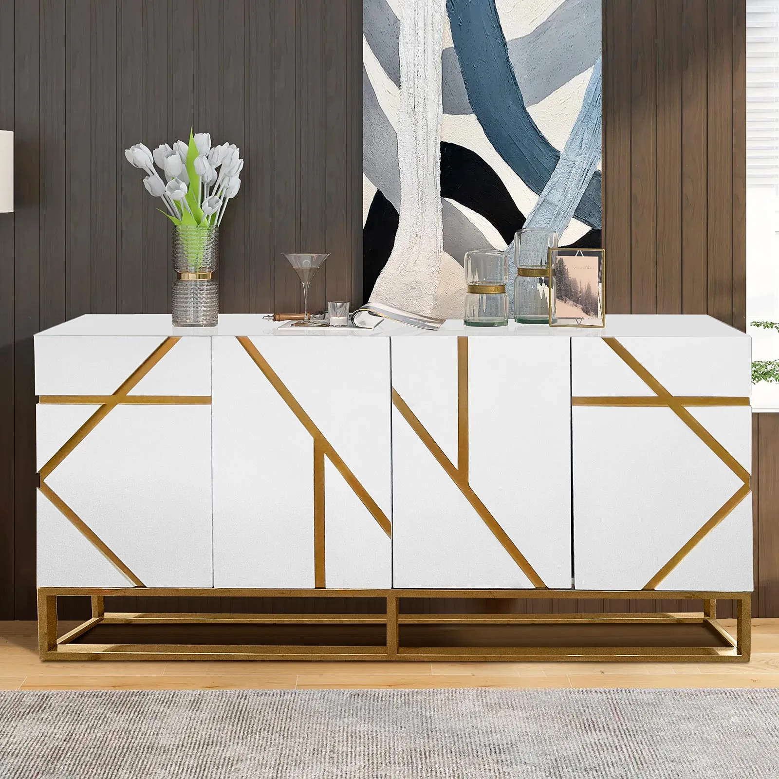 White Sideboard Buffet with Gold Geometric Accents - Glamorous Storage and Serving Solution