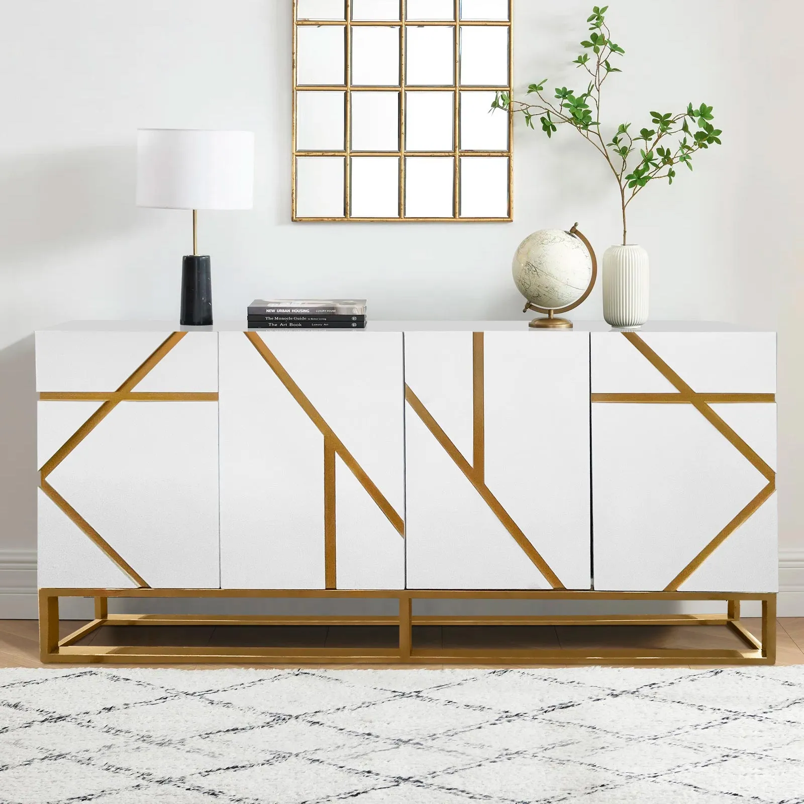 White Sideboard Buffet with Gold Geometric Accents - Glamorous Storage and Serving Solution