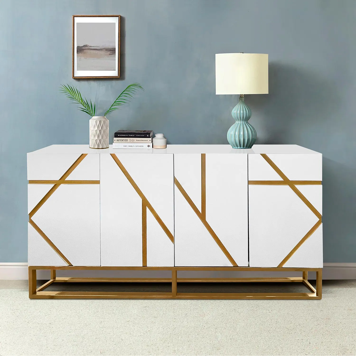 White Sideboard Buffet with Gold Geometric Accents - Glamorous Storage and Serving Solution