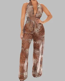 WOMEN "Fierce Sheer Animal Print Backless Jumpsuit"