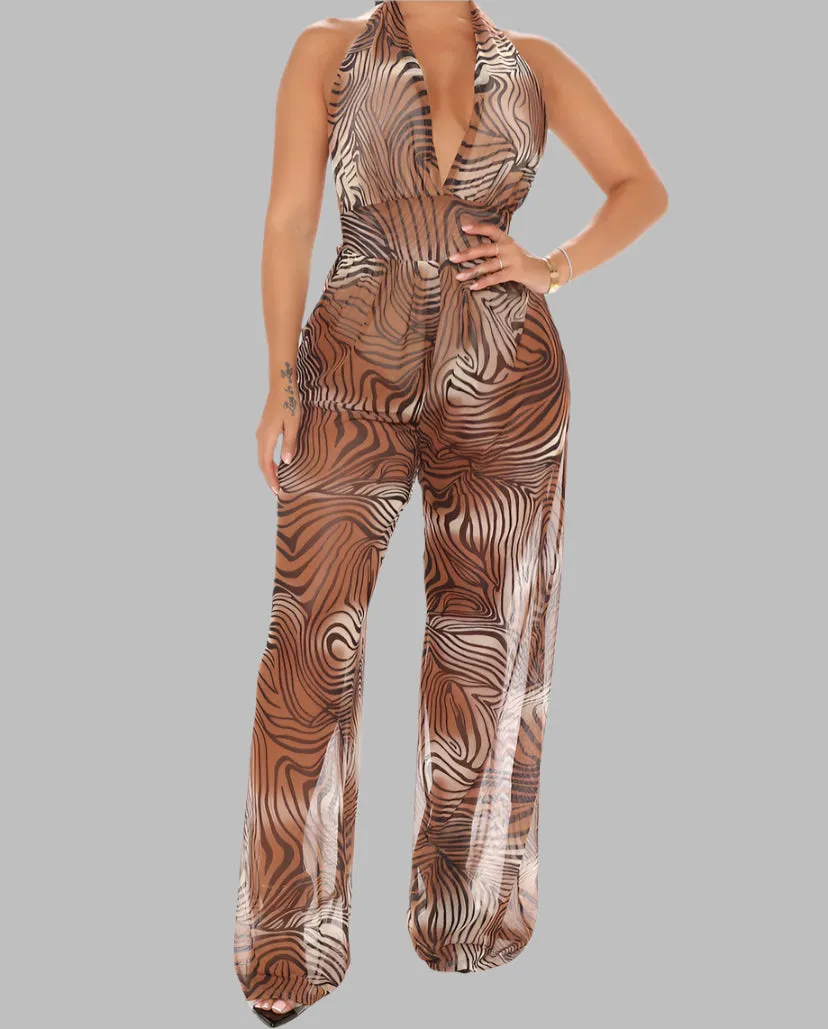 WOMEN "Fierce Sheer Animal Print Backless Jumpsuit"