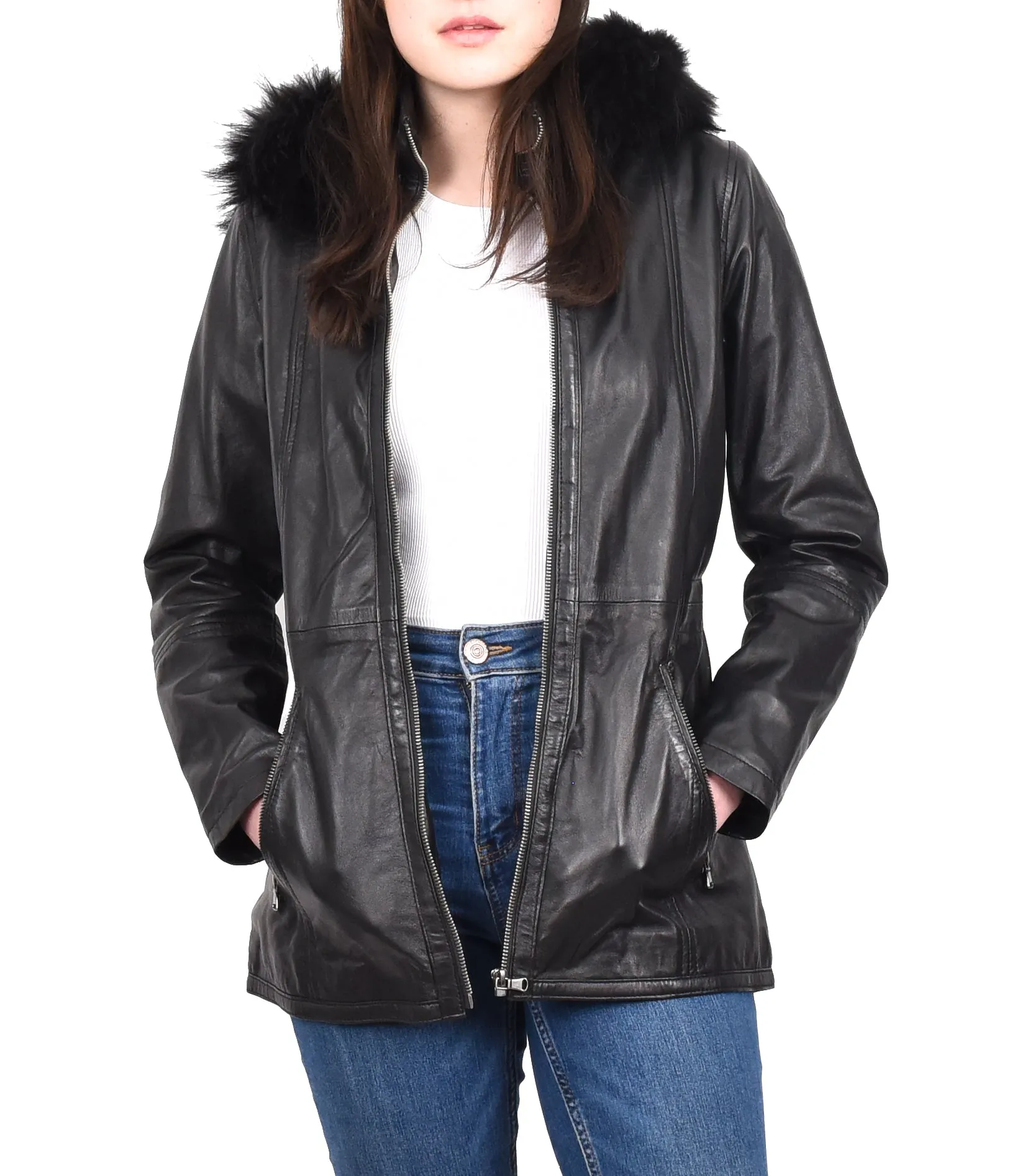 Women’s Leather Duffle Parka Jacket With Removable Hood Black Andrea
