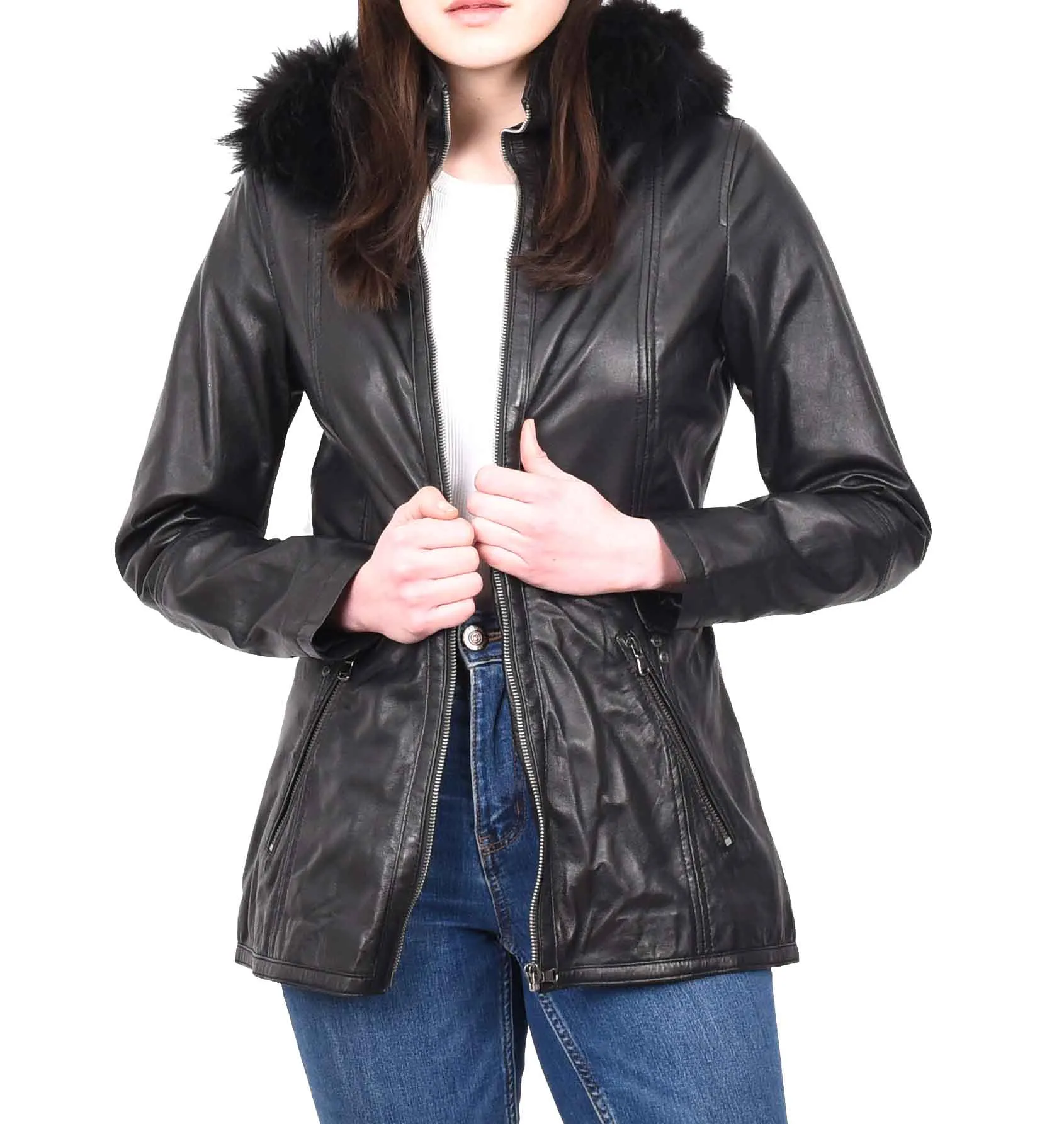 Women’s Leather Duffle Parka Jacket With Removable Hood Black Andrea
