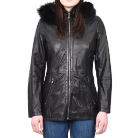 Women’s Leather Duffle Parka Jacket With Removable Hood Black Andrea