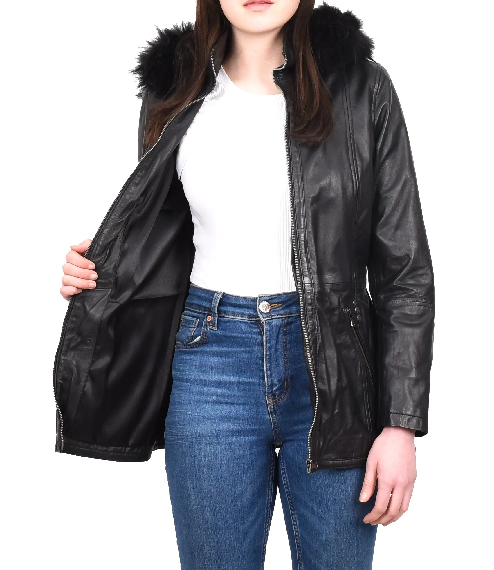 Women’s Leather Duffle Parka Jacket With Removable Hood Black Andrea