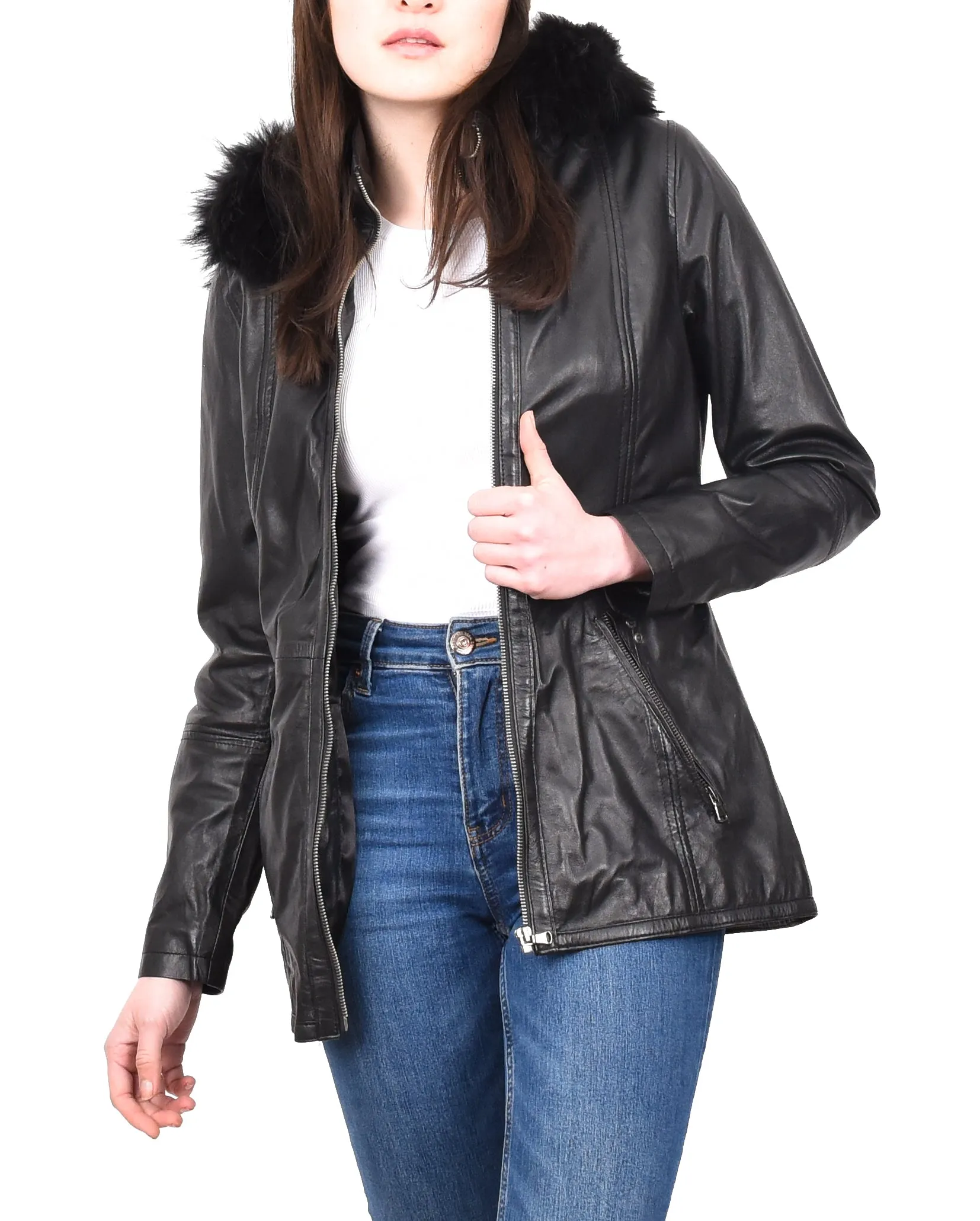 Women’s Leather Duffle Parka Jacket With Removable Hood Black Andrea