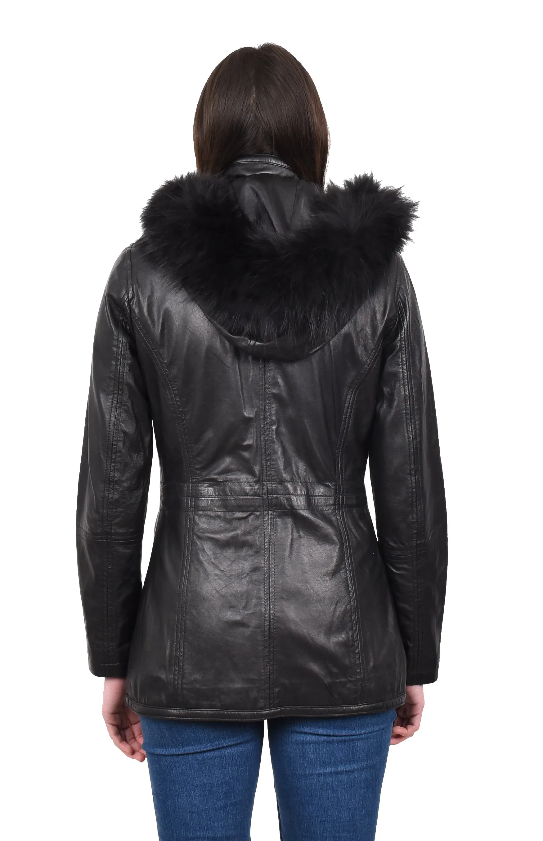 Women’s Leather Duffle Parka Jacket With Removable Hood Black Andrea