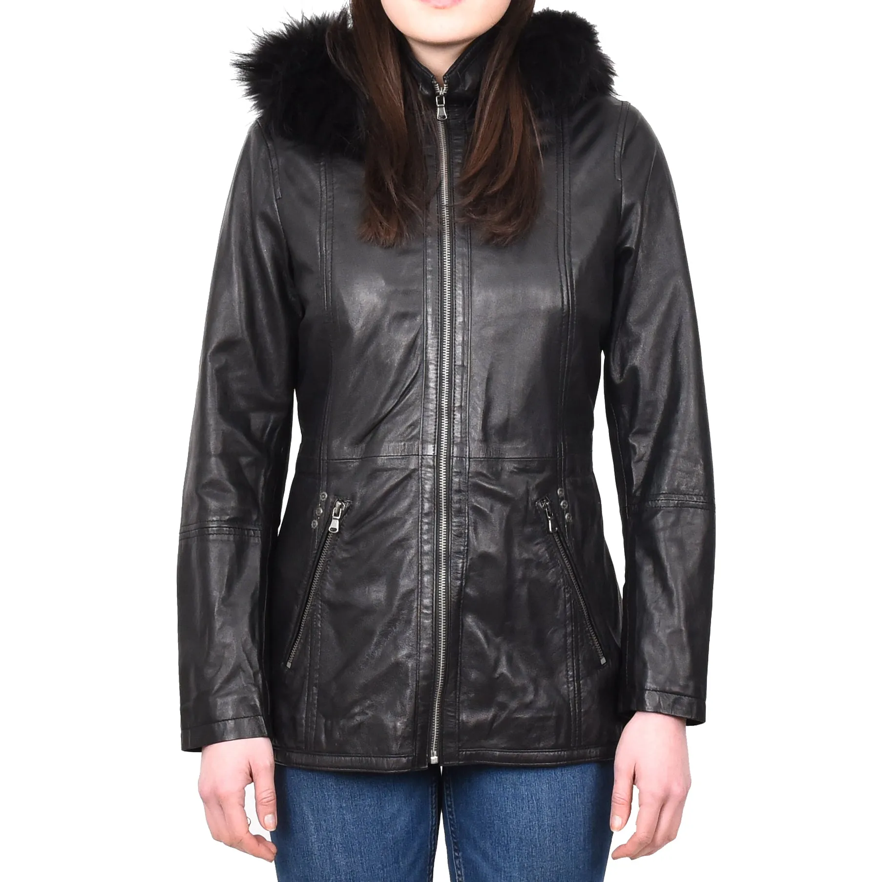 Women’s Leather Duffle Parka Jacket With Removable Hood Black Andrea
