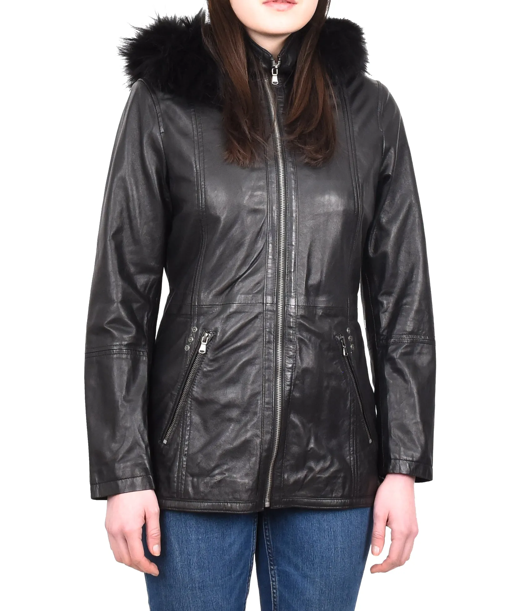 Women’s Leather Duffle Parka Jacket With Removable Hood Black Andrea