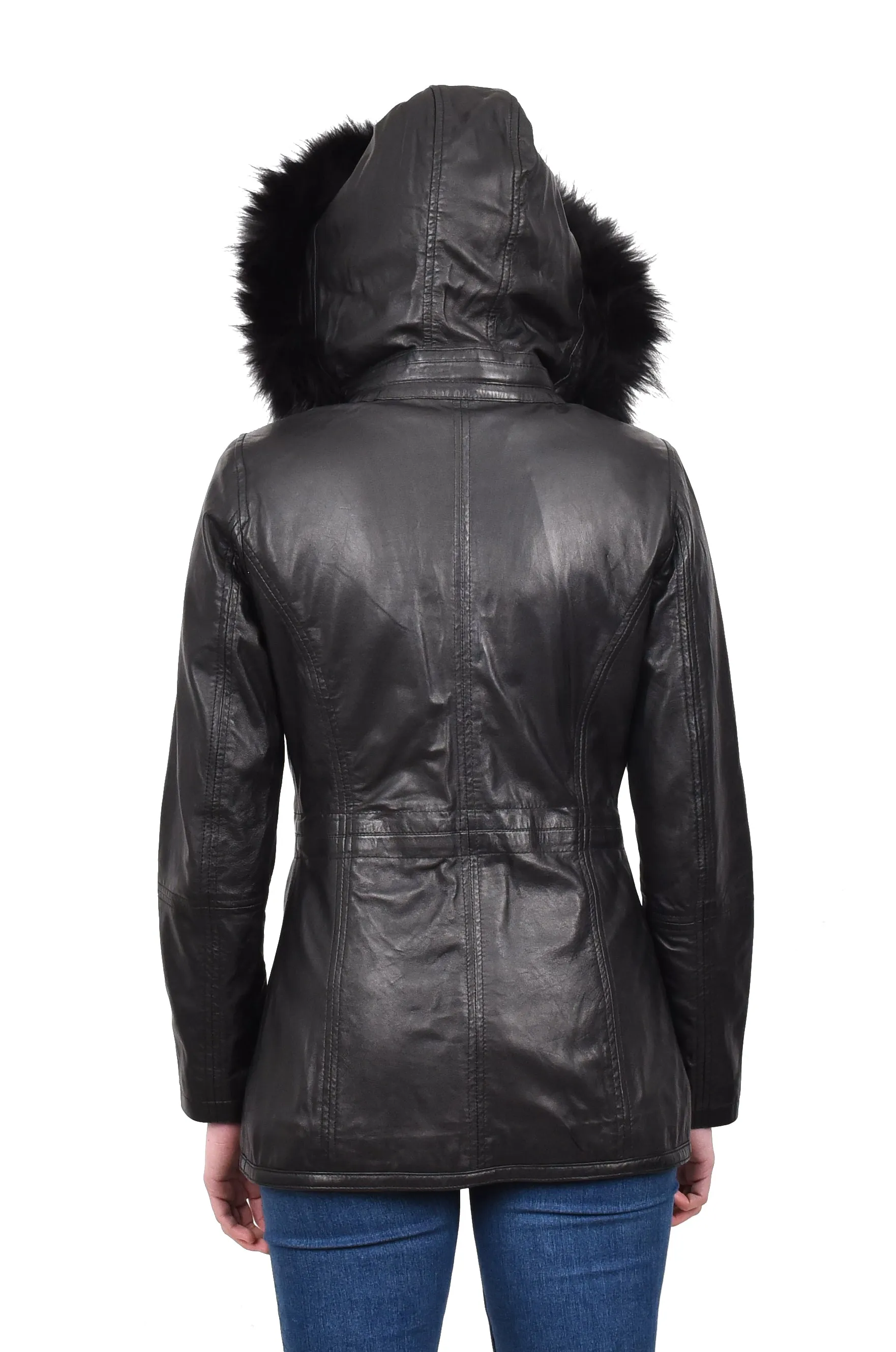 Women’s Leather Duffle Parka Jacket With Removable Hood Black Andrea