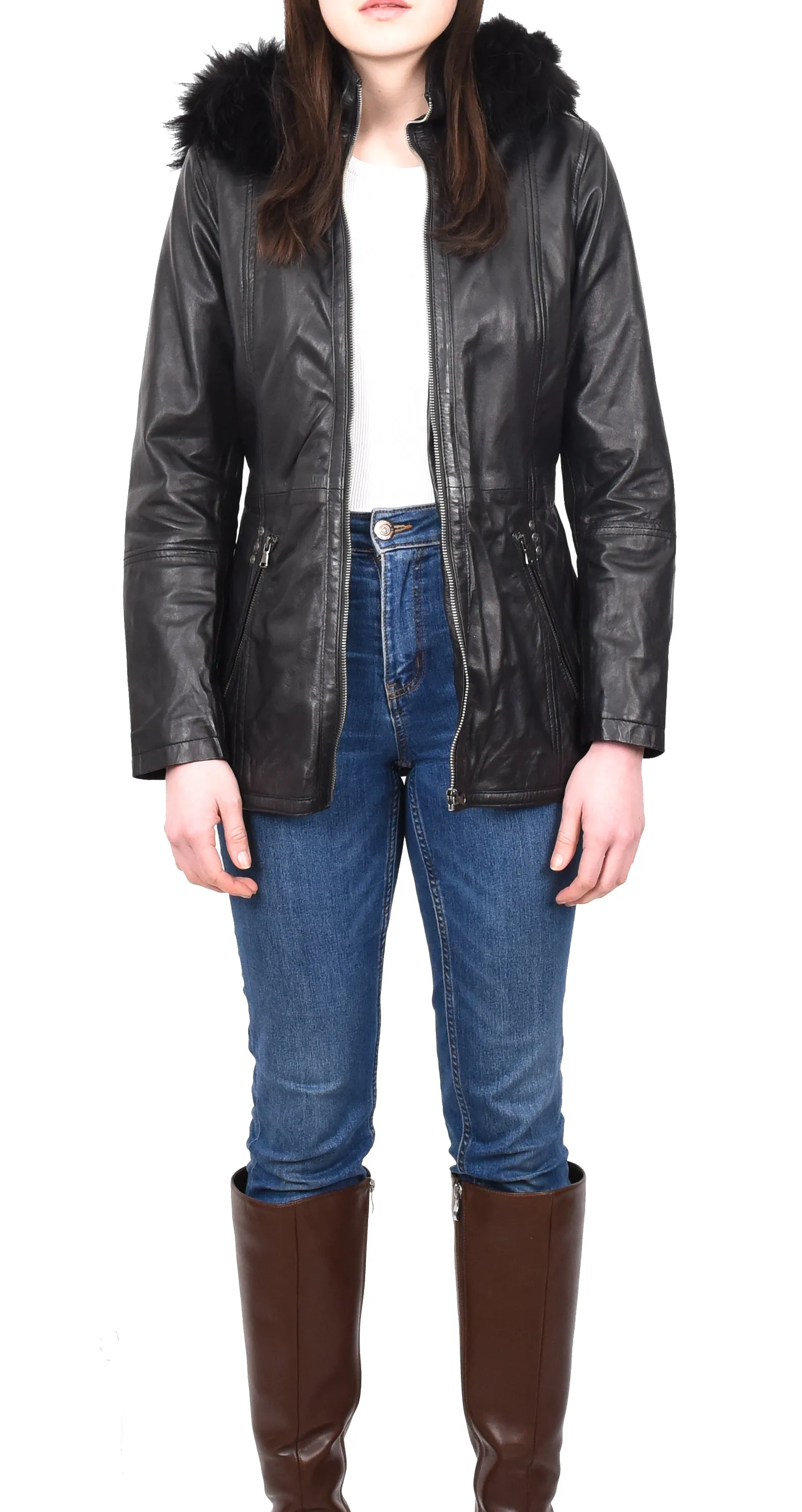 Women’s Leather Duffle Parka Jacket With Removable Hood Black Andrea