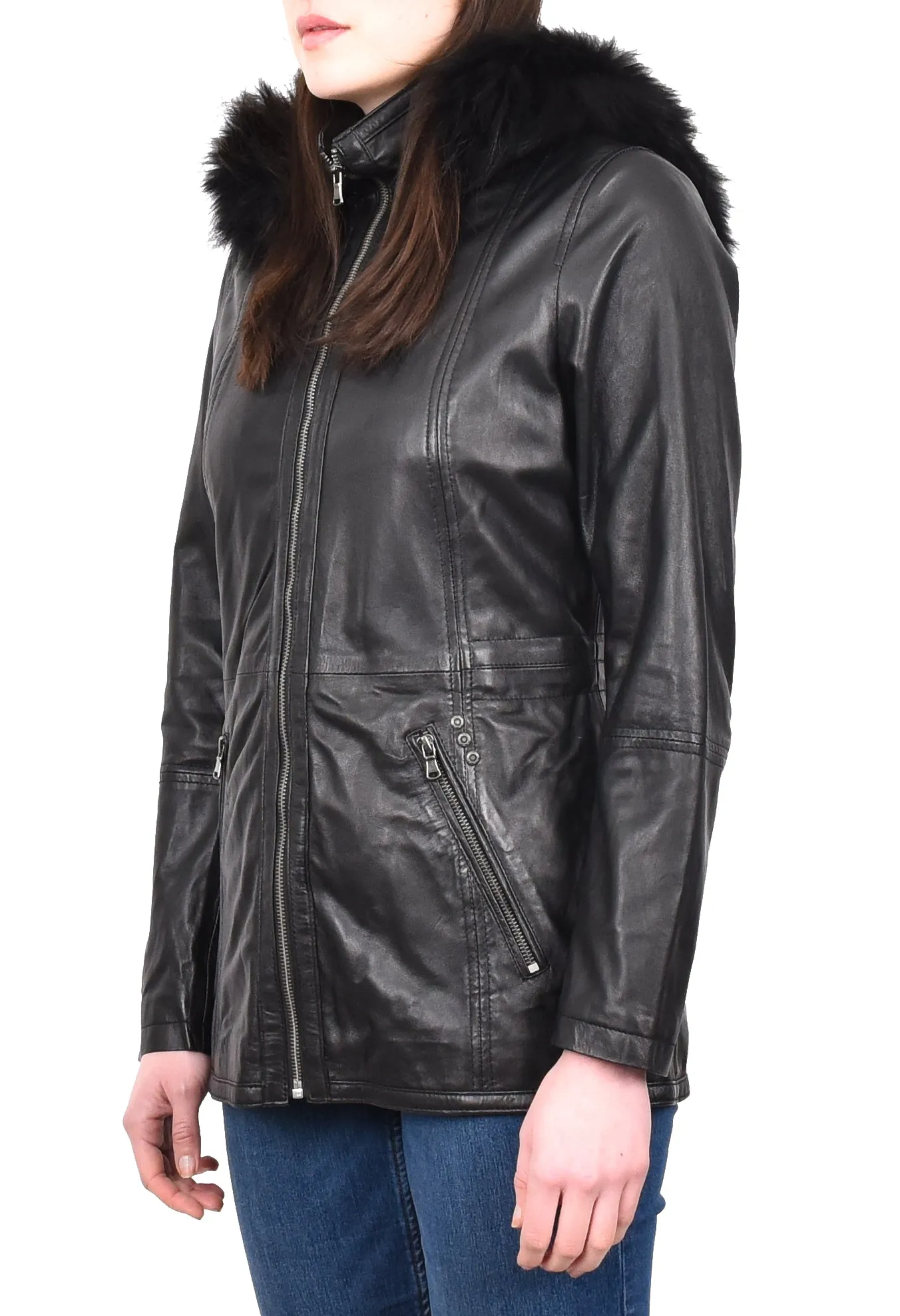 Women’s Leather Duffle Parka Jacket With Removable Hood Black Andrea