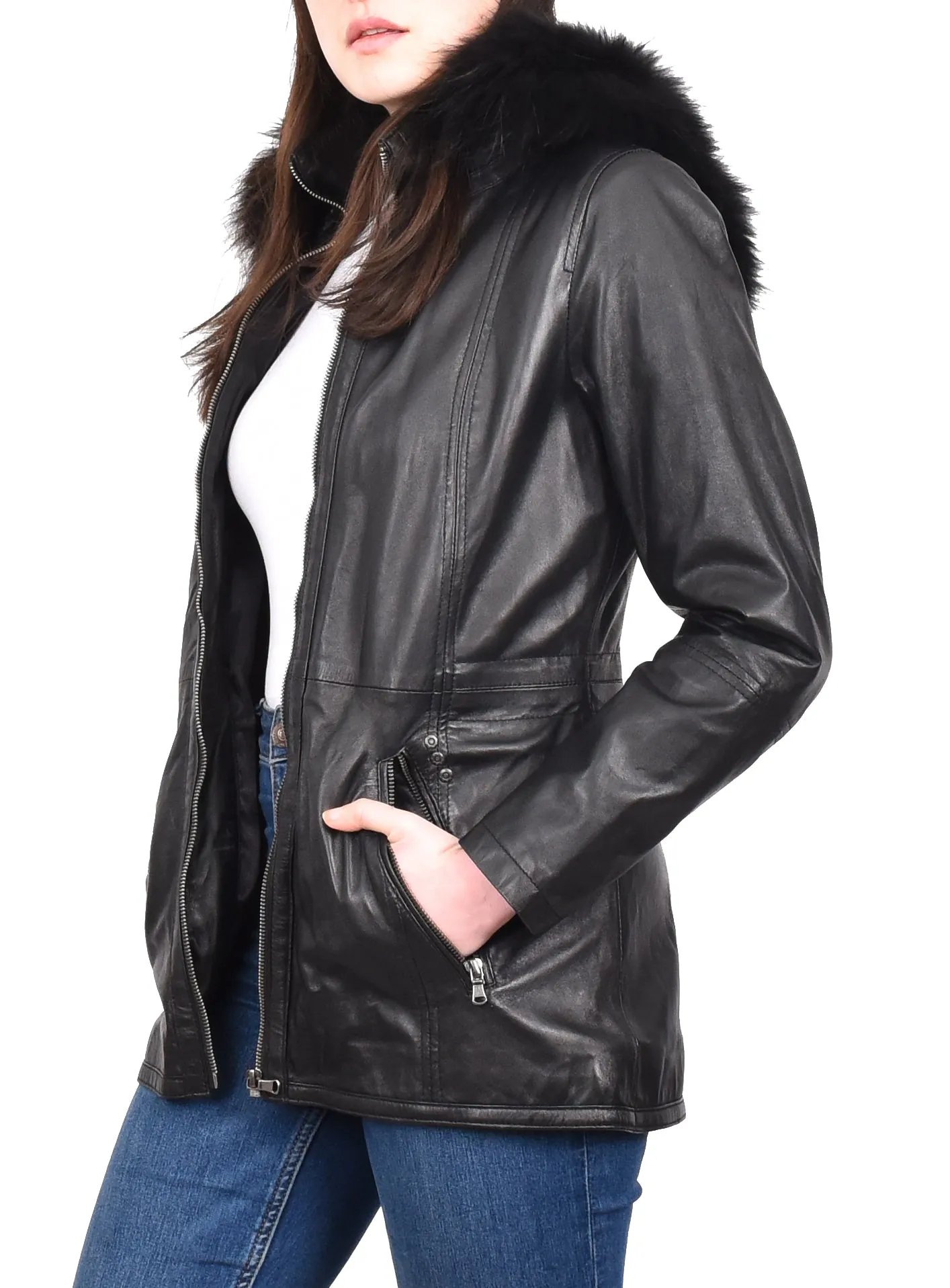 Women’s Leather Duffle Parka Jacket With Removable Hood Black Andrea