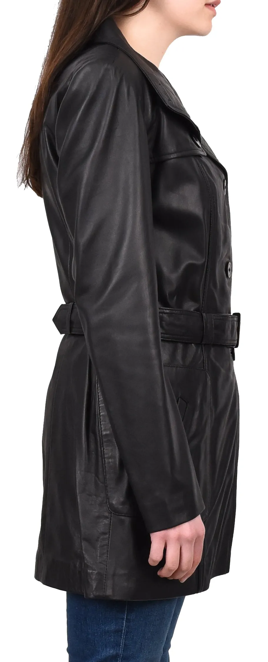 Women's Mid Length Winter Real Leather Coat Black Soulara
