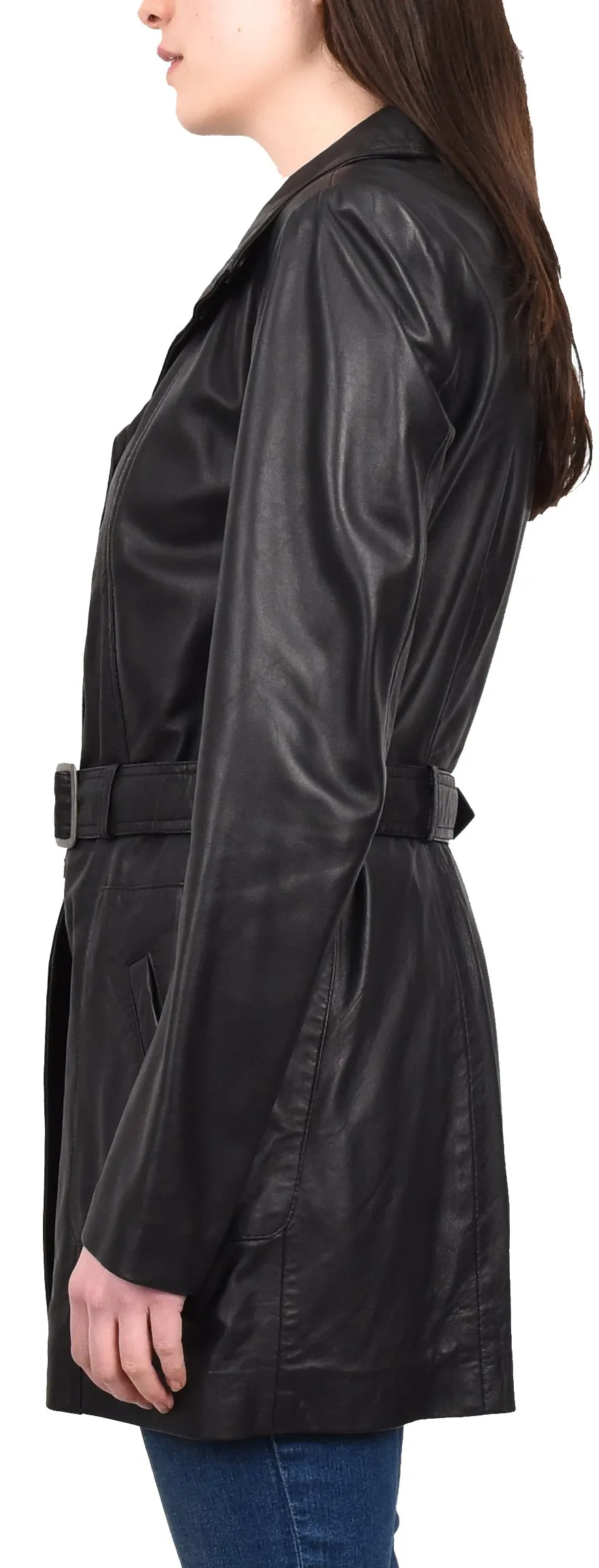 Women's Mid Length Winter Real Leather Coat Black Soulara