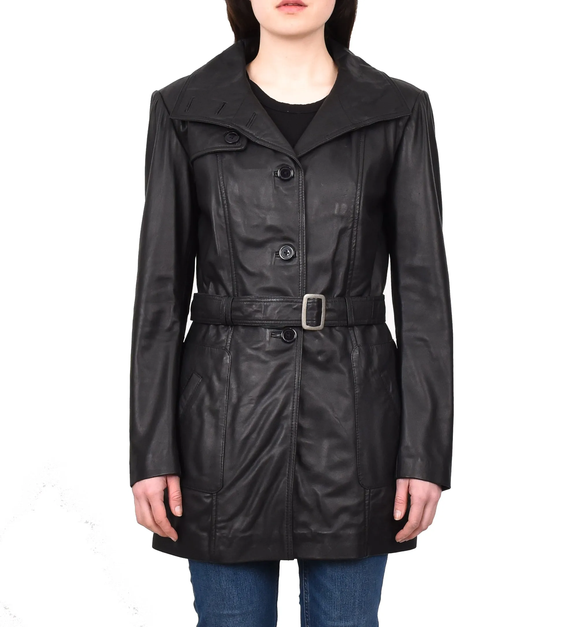 Women's Mid Length Winter Real Leather Coat Black Soulara