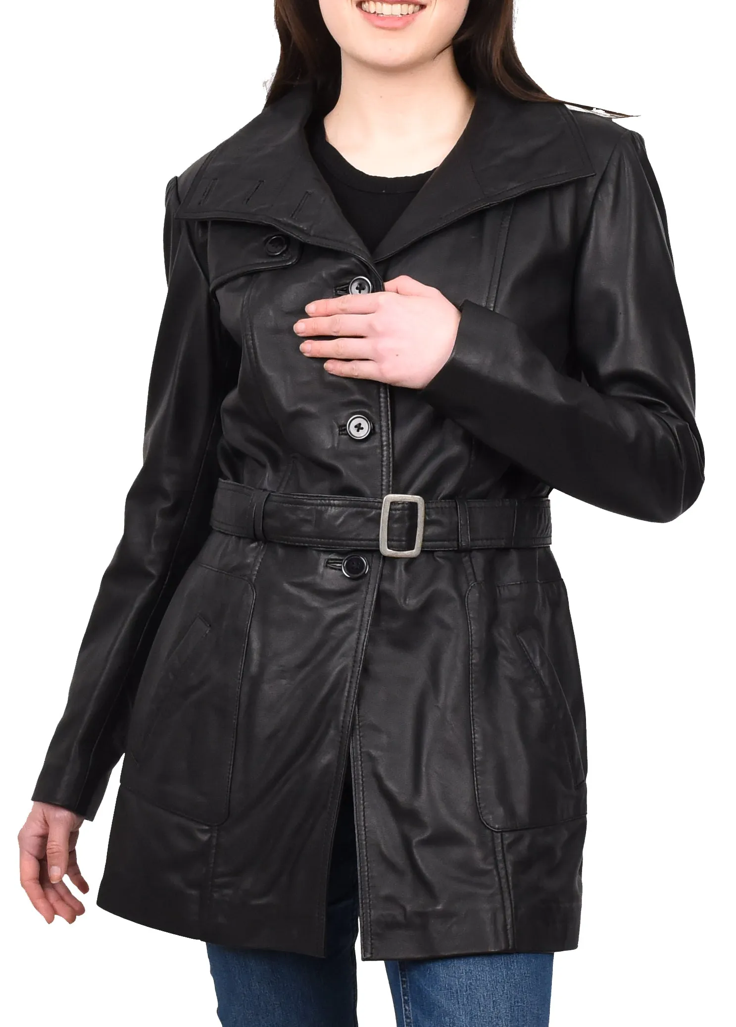 Women's Mid Length Winter Real Leather Coat Black Soulara