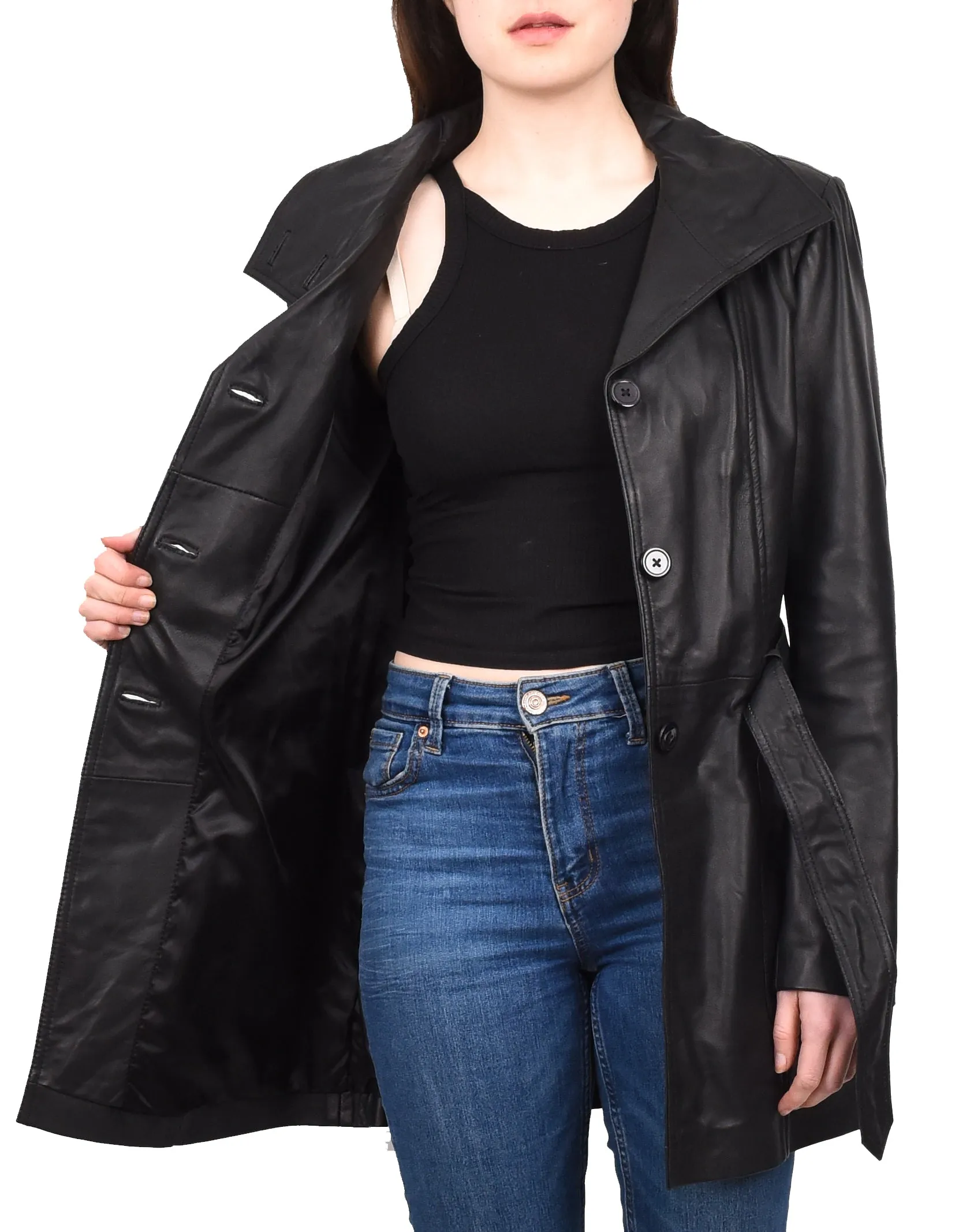 Women's Mid Length Winter Real Leather Coat Black Soulara