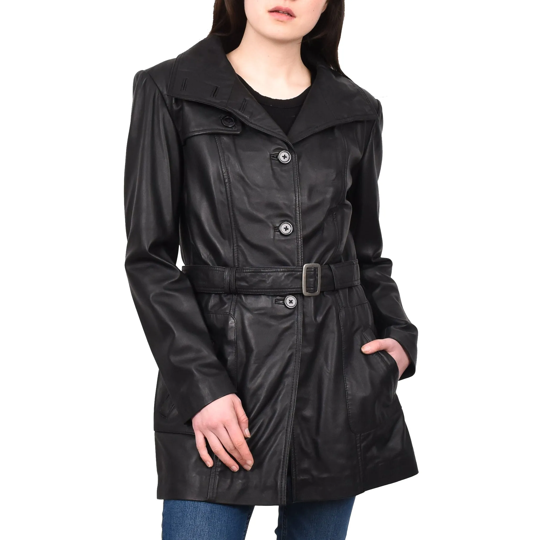 Women's Mid Length Winter Real Leather Coat Black Soulara