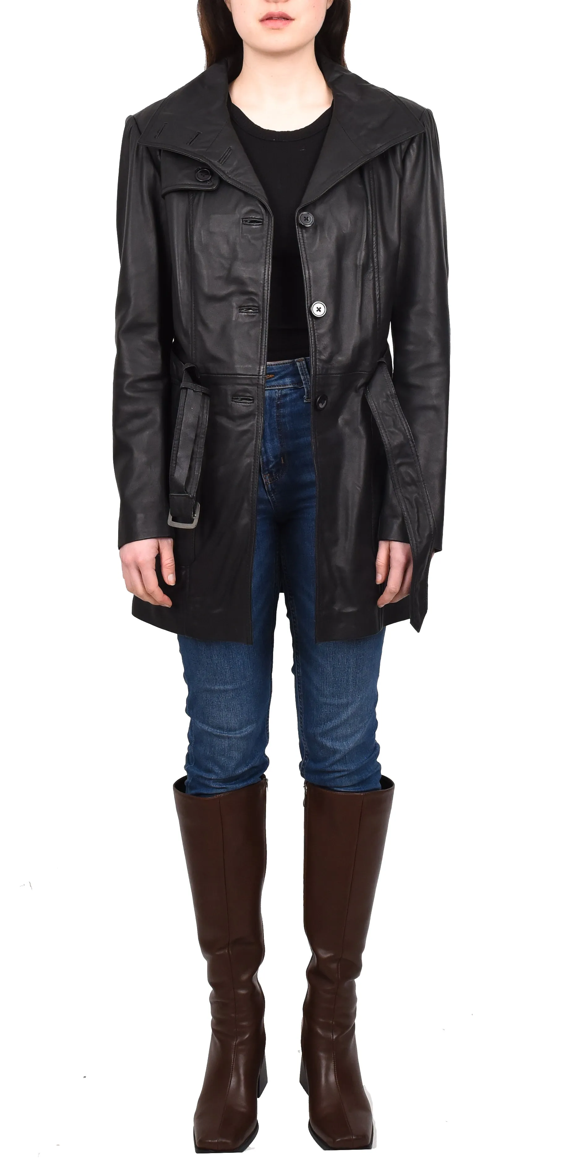 Women's Mid Length Winter Real Leather Coat Black Soulara