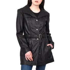 Women's Mid Length Winter Real Leather Coat Black Soulara