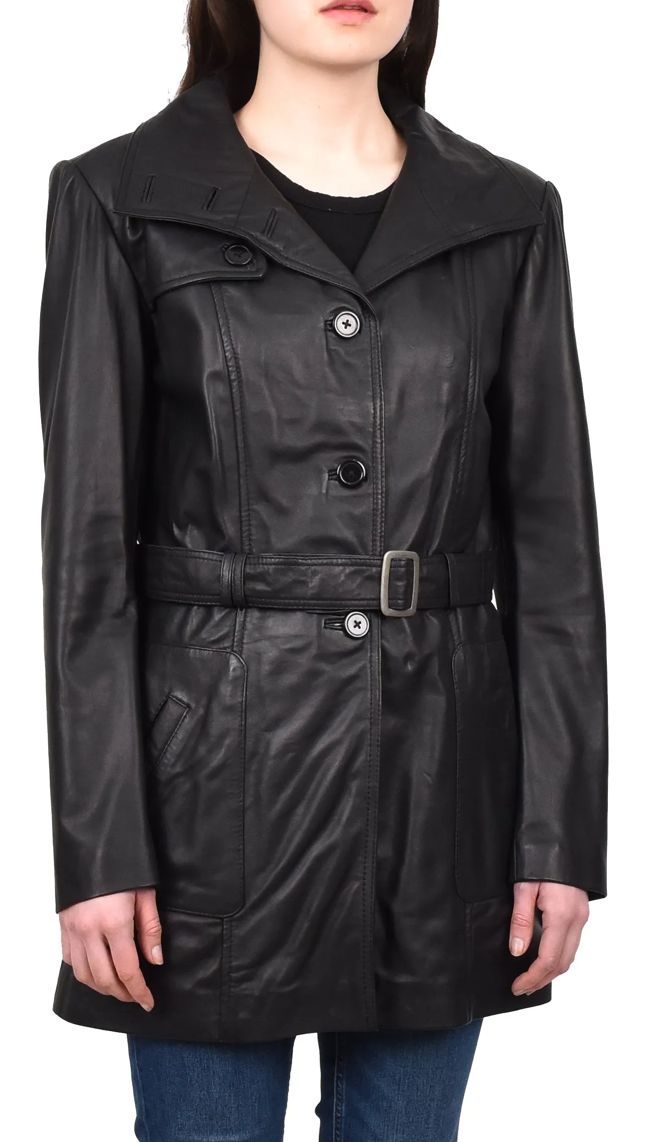 Women's Mid Length Winter Real Leather Coat Black Soulara