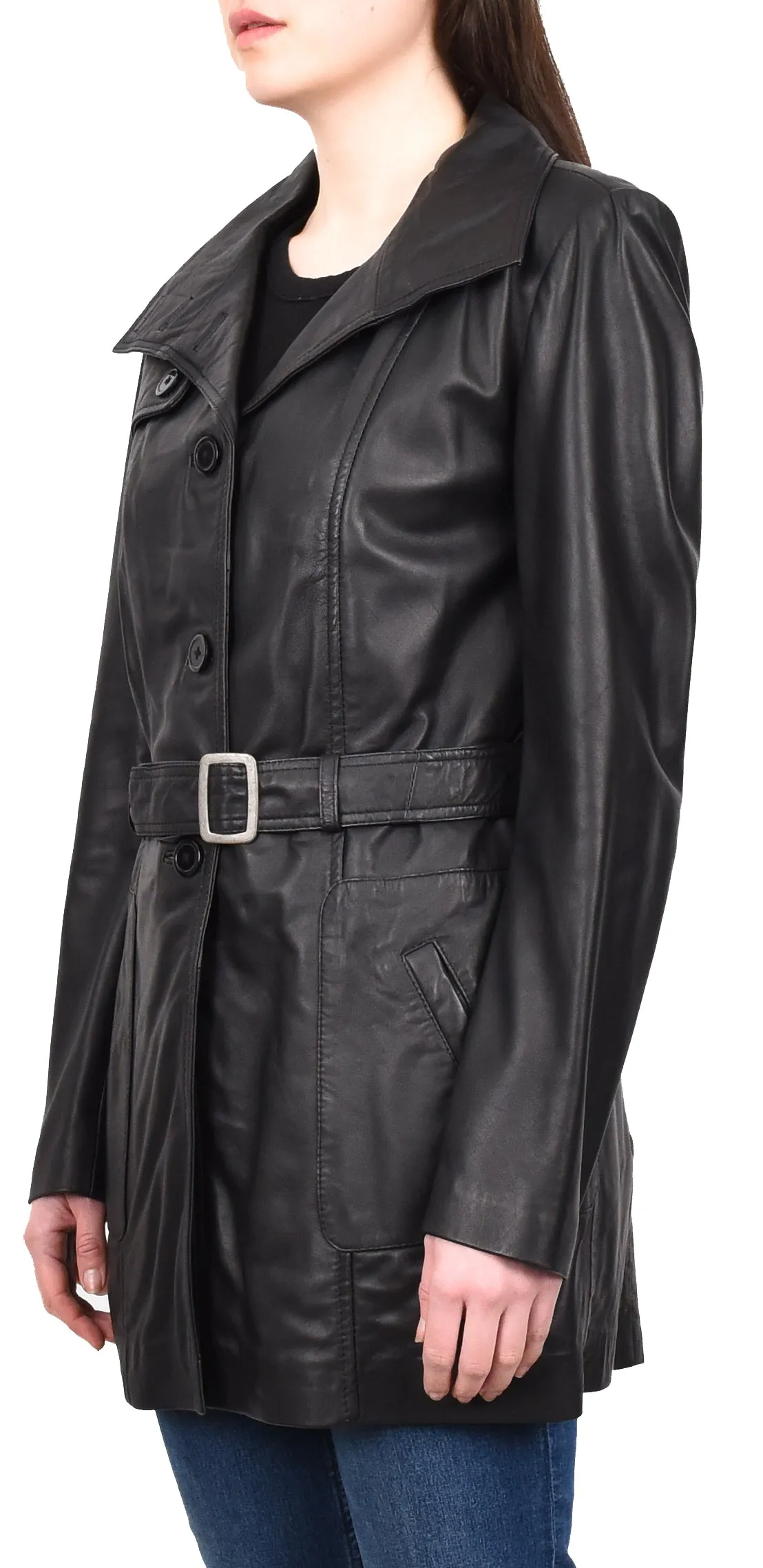 Women's Mid Length Winter Real Leather Coat Black Soulara