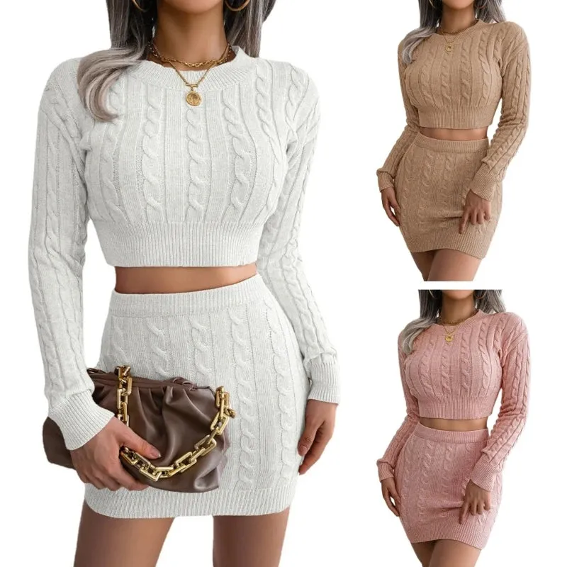 Womens Ribbed Knit Outfits Set Long Sleeve Crop Top and Mini Skirt Set