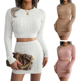 Womens Ribbed Knit Outfits Set Long Sleeve Crop Top and Mini Skirt Set
