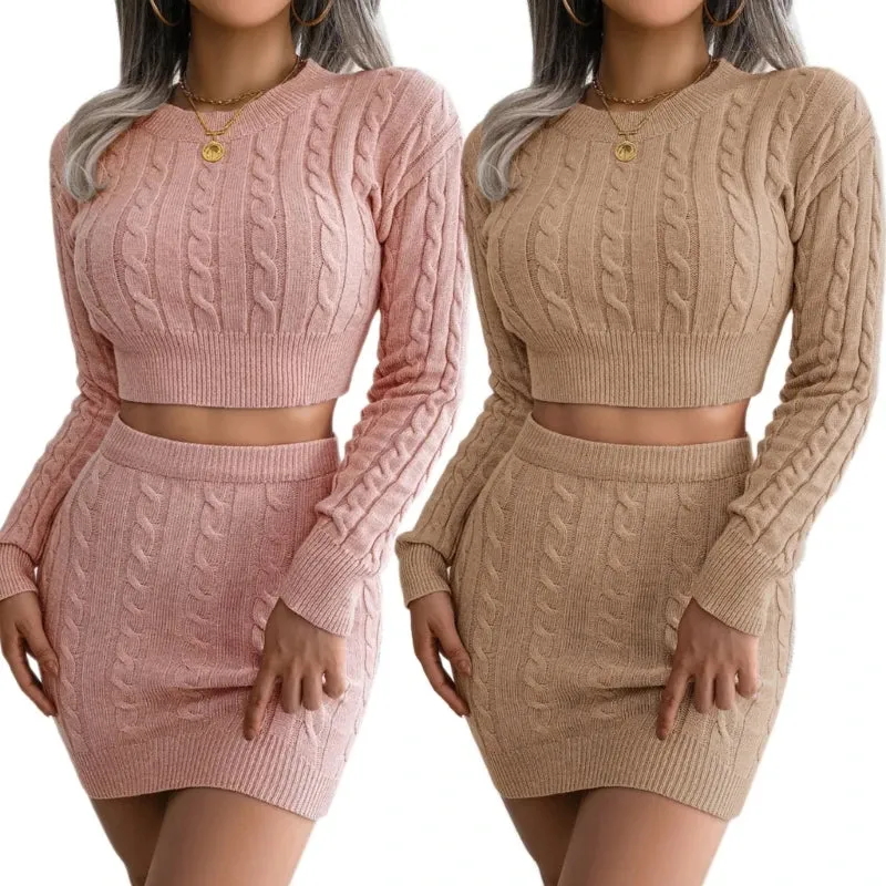 Womens Ribbed Knit Outfits Set Long Sleeve Crop Top and Mini Skirt Set